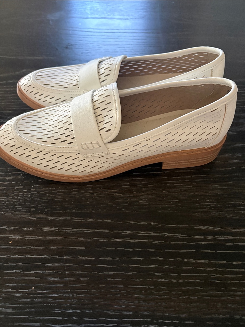 Franco Sarto Ivory Perforated Penny Loafers with Tan Sole - Picture 5 of 8